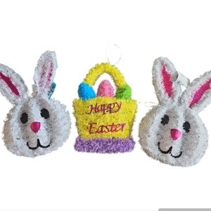Easter Decor Tinsel HAPPY EASTER Basket 2 Bunny Heads 13 " X 8"
